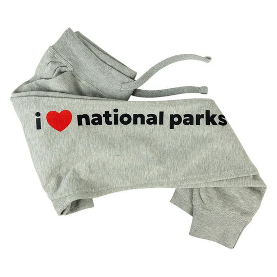 Light heather gray joggers laid flat on a white background, featuring the black text &