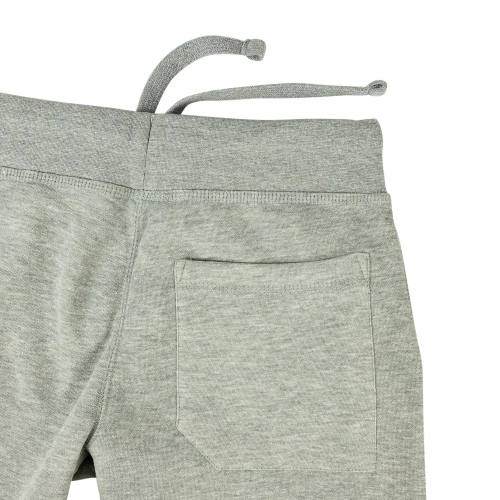 Close-up of light heather gray sweatpants showing the back waistband with a drawstring and a side pocket, on a white background.
