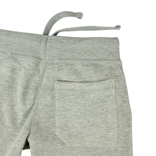 Close-up of light heather gray sweatpants showing the back waistband with a drawstring and a side pocket, on a white background.