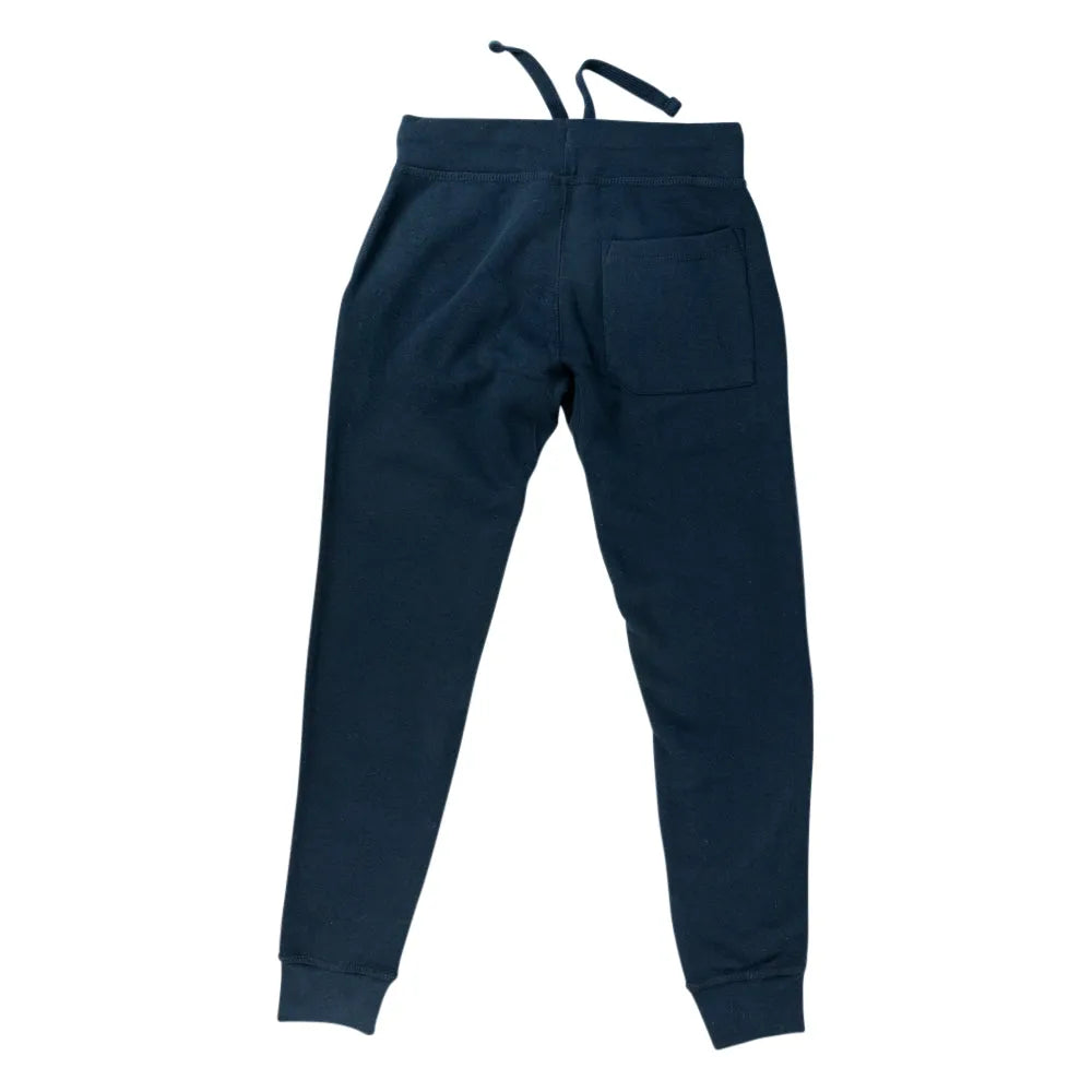 Dark navy blue sweatpants shown from the back, featuring a drawstring waistband and a single back pocket, set against a plain white background.