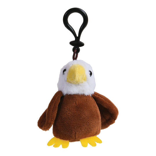 A small plush eagle keychain or bag charm with a black plastic clip, featuring a brown body, white head, yellow beak, and yellow feet, isolated on a white background.
