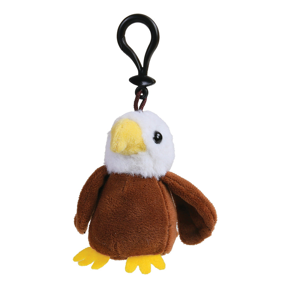 A small plush eagle keychain or bag charm with a black plastic clip, featuring a brown body, white head, yellow beak, and yellow feet, isolated on a white background.