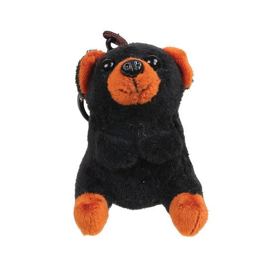 A small plush black bear keychain or bag charm, with a black body, orange ears, muzzle, and paws, and a black key ring at the top, shown on a plain white background.