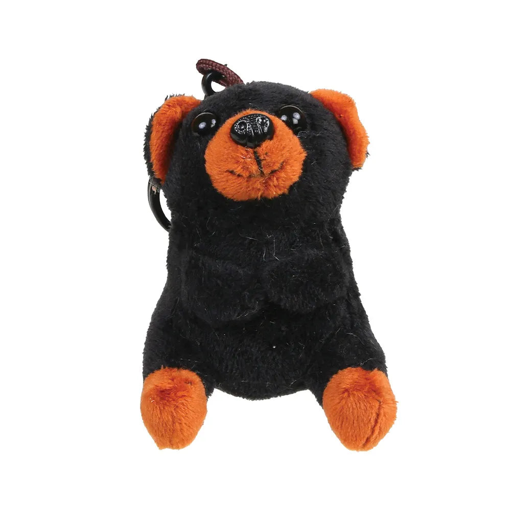 A small plush black bear keychain or bag charm, with a black body, orange ears, muzzle, and paws, and a black key ring at the top, shown on a plain white background.