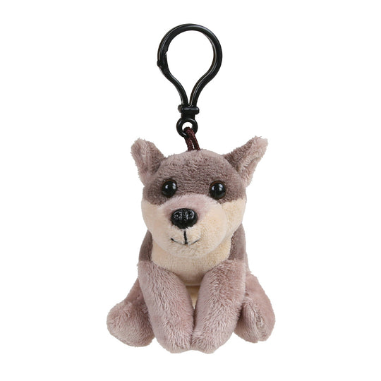 A plush dog keychain charm with a black metal clip, featuring a soft gray and cream-colored stuffed dog design.