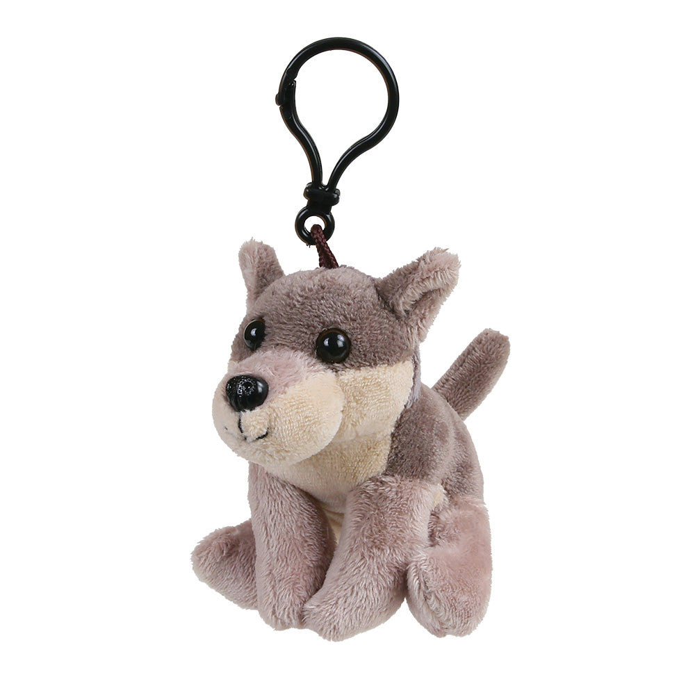 A small plush dog keychain with a black plastic clip, featuring gray and beige fur on a white background.