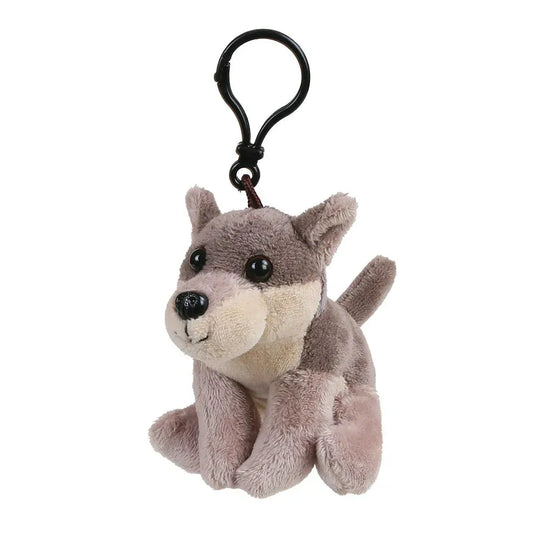 A small plush dog keychain with a black plastic clip, featuring gray and beige fur on a white background.