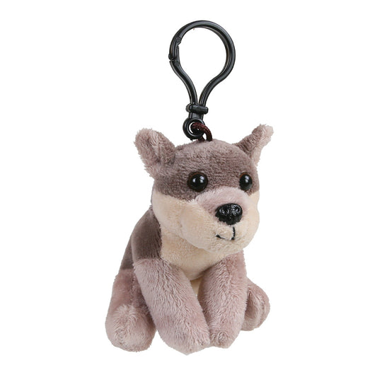 A small plush gray wolf keychain with a black metal clip, featuring soft gray, beige, and light pink fur, set against a plain white background.