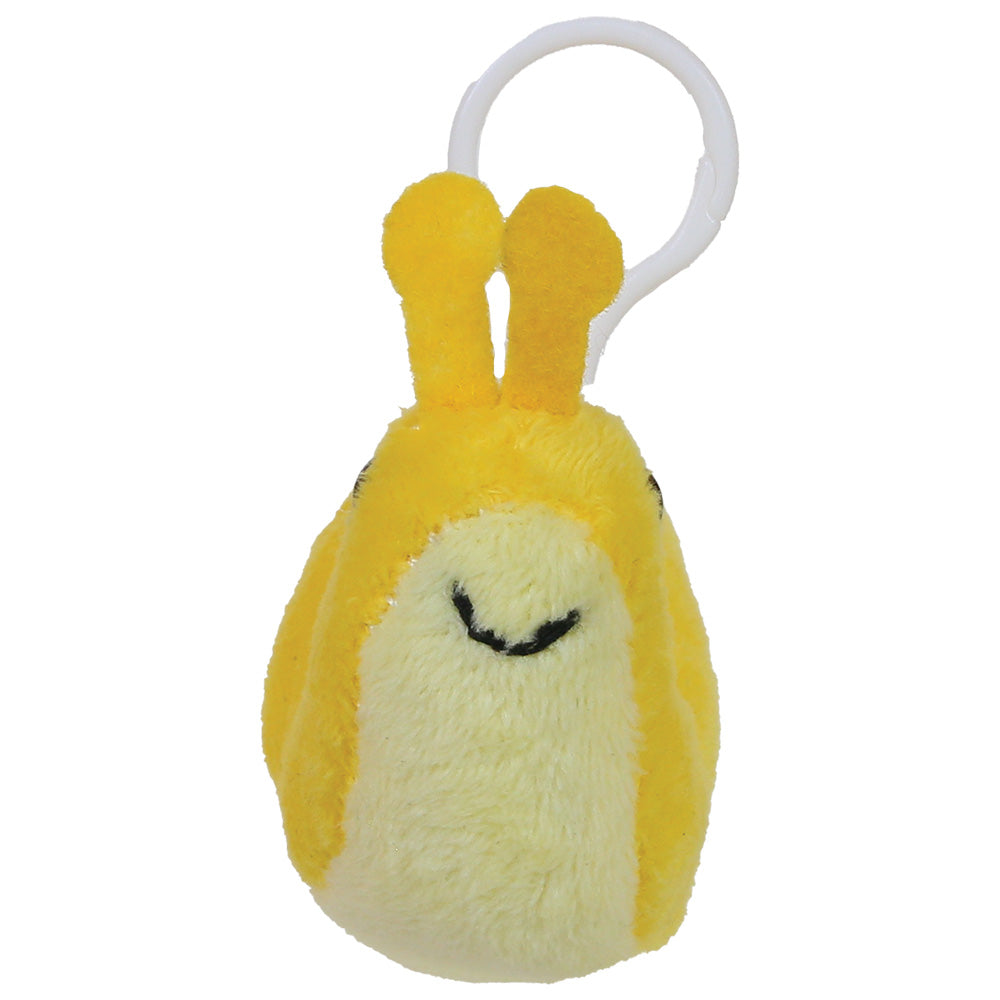 A yellow and cream plush snail keychain with a white plastic key ring, shown against a plain white background.