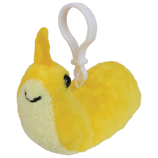A yellow plush toy keychain shaped like a sleeping cartoon animal with a white plastic clip, shown on a plain white background.