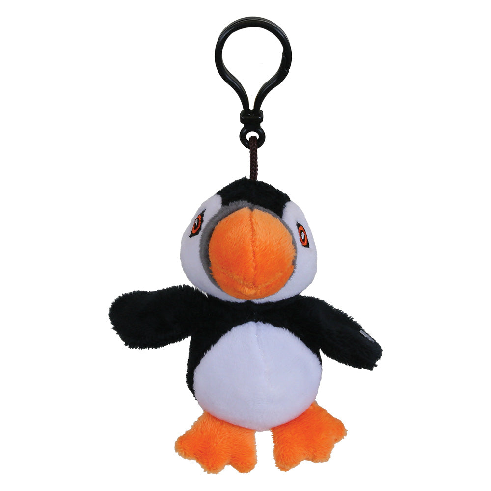 A small plush puffin keychain with a black plastic clip, featuring black and white fur, an orange beak, and orange feet, isolated on a white background.