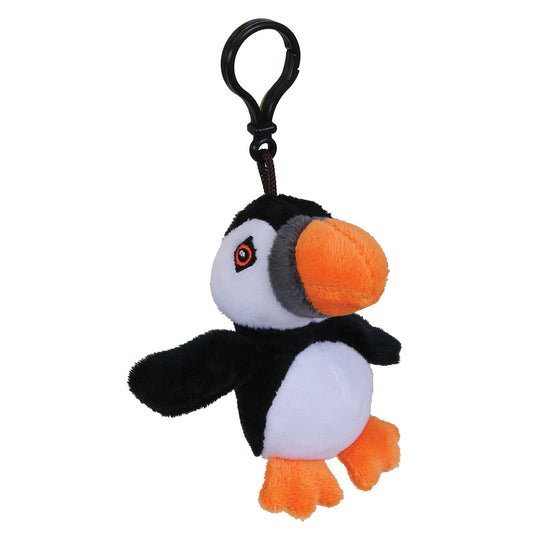 A small plush puffin keychain with a black clip, featuring black and white feathers, a bright orange beak, and orange feet, isolated on a white background.