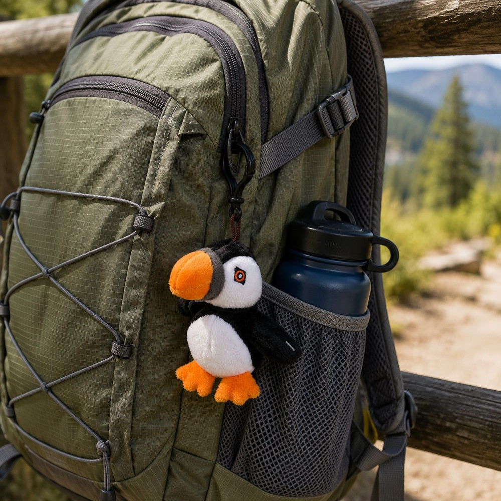 An olive green hiking backpack with a black and white puff bird plush keychain hanging from the zipper and a dark blue water bottle in the side mesh pocket, set against a blurred outdoor mountain background.