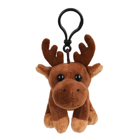 A brown plush moose keychain with large antlers, black bead eyes, and a black plastic clip, shown on a plain white background.
