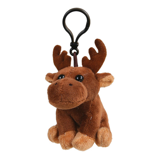 A plush moose keychain in shades of brown with a black metal clip, shown against a plain white background.