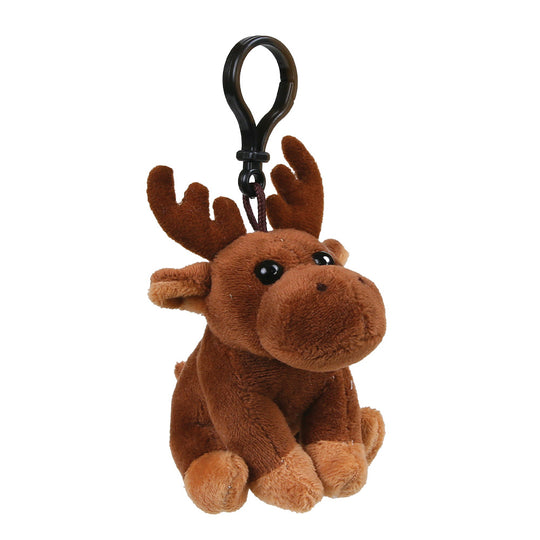 A brown plush moose keychain with antlers and a black plastic clip, shown against a plain white background.