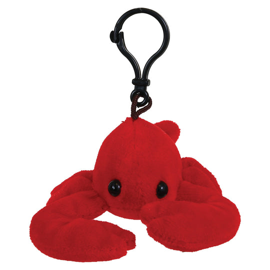 A red plush lobster keychain with black plastic eyes and a black metal clip, shown on a plain white background.