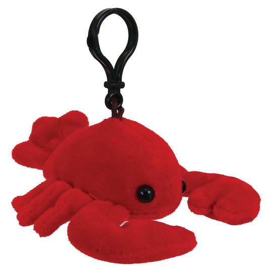 A red plush lobster keychain with a black plastic clip, shown against a plain white background.