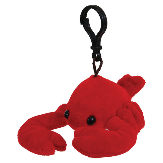 A red plush lobster keychain with black plastic eyes and a black metal carabiner clip, shown against a plain white background.