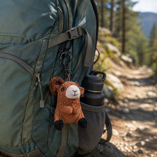 A brown plush ram keychain with a white snout and black feet hangs from a black carabiner on an olive green hiking backpack. The backpack is shown on a rocky outdoor trail with trees and mountains in the background.