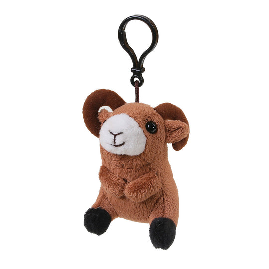 A brown plush bighorn sheep keychain with a white snout, black feet, and a black metal carabiner clip, shown against a plain white background.
