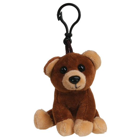 A small plush teddy bear keychain in brown and tan, attached to a black plastic carabiner clip, shown on a plain white background.
