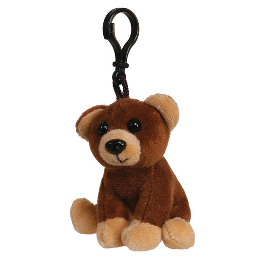 A small brown plush teddy bear keychain with a black plastic carabiner clip, shown against a plain white background.