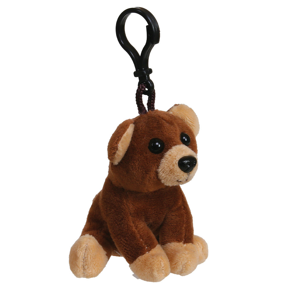 A small plush grizzly bear keychain in brown and beige with a black plastic clip, shown against a plain white background.