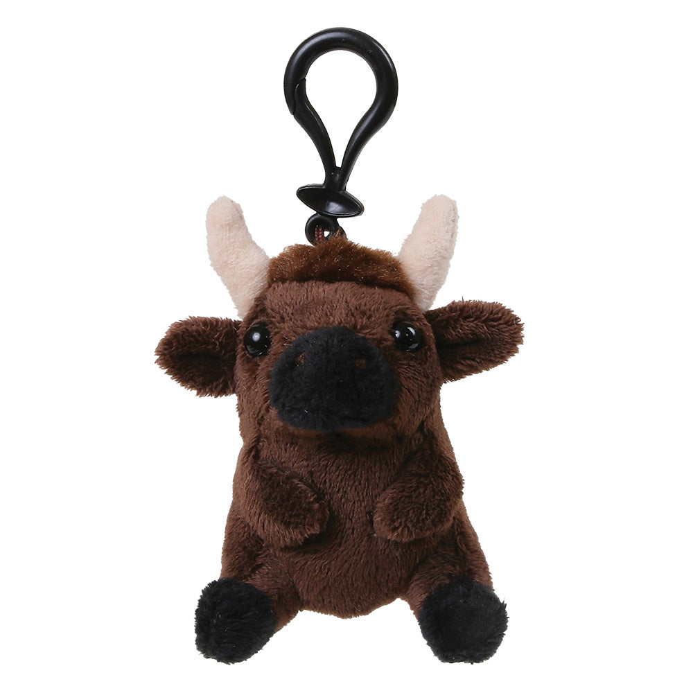 A brown plush bison keychain with cream-colored horns, a black nose and mouth, and a black plastic clip at the top, shown on a plain white background.