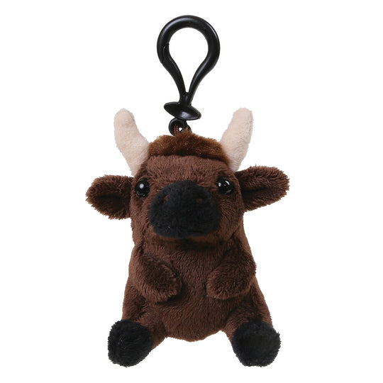 A brown plush bison keychain with cream-colored horns, a black nose and mouth, and a black plastic clip at the top, shown on a plain white background.