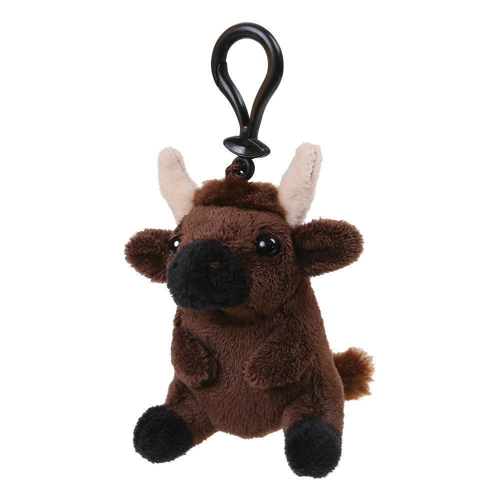 A small brown plush animal keychain shaped like a bison, with cream-colored horns, a black nose and hooves, and a black plastic clip at the top, shown on a plain white background.