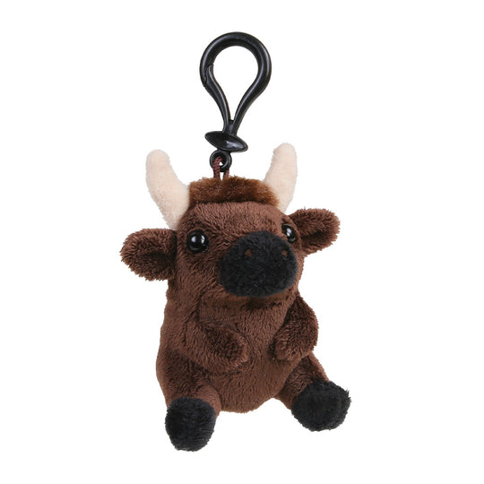A brown plush bison keychain with cream-colored horns, a black snout, black hooves, and a black plastic clip, shown on a plain white background.