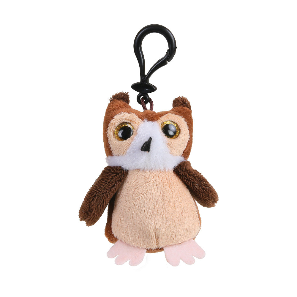 A plush owl keychain with a black metal carabiner clip, featuring brown and beige fur, a white chest, and pink feet on a plain white background.