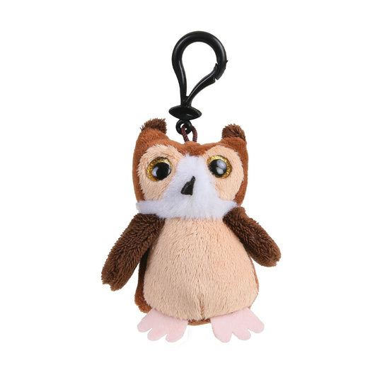 A plush owl keychain with a black metal carabiner clip, featuring brown and beige fur, a white chest, and pink feet on a plain white background.
