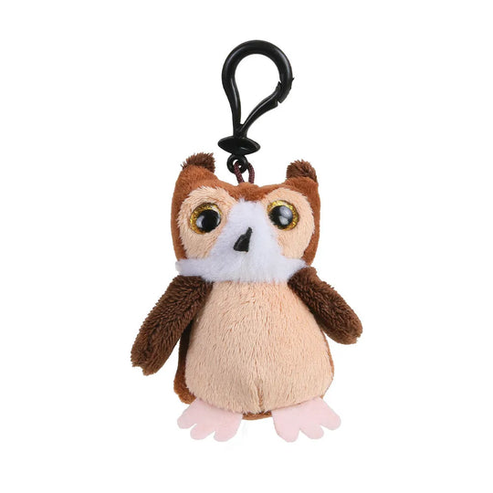 A plush owl keychain with a black metal carabiner clip, featuring brown and beige fur, a white chest, and pink feet on a plain white background.