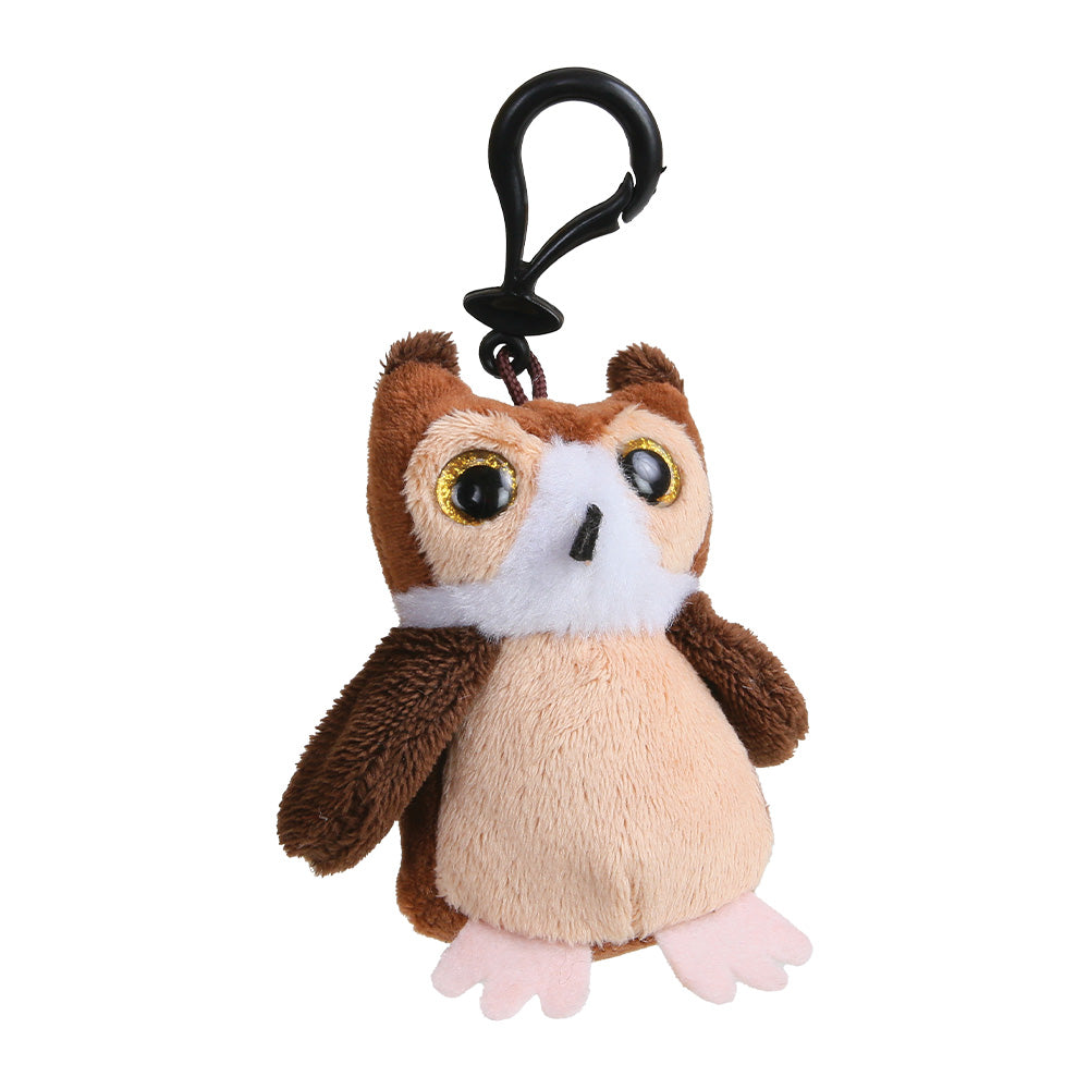 A small plush owl keychain with a black metal carabiner clip. The owl has brown wings and head, a cream-colored chest, pink feet, and large yellow-rimmed eyes, shown against a plain white background.