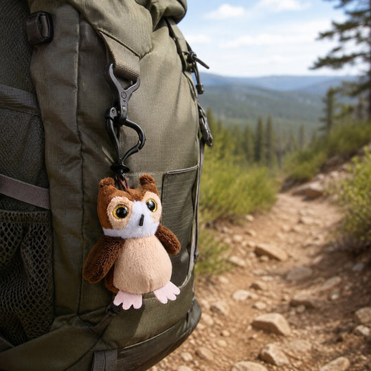 A small owl plush keychain with brown, beige, and pink colors hangs from a black carabiner on an olive green hiking backpack, set against a blurred mountain trail background.