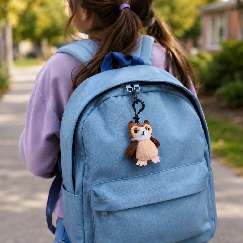 Mini plush owl toy clipped to a light blue backpack being worn by a young student.