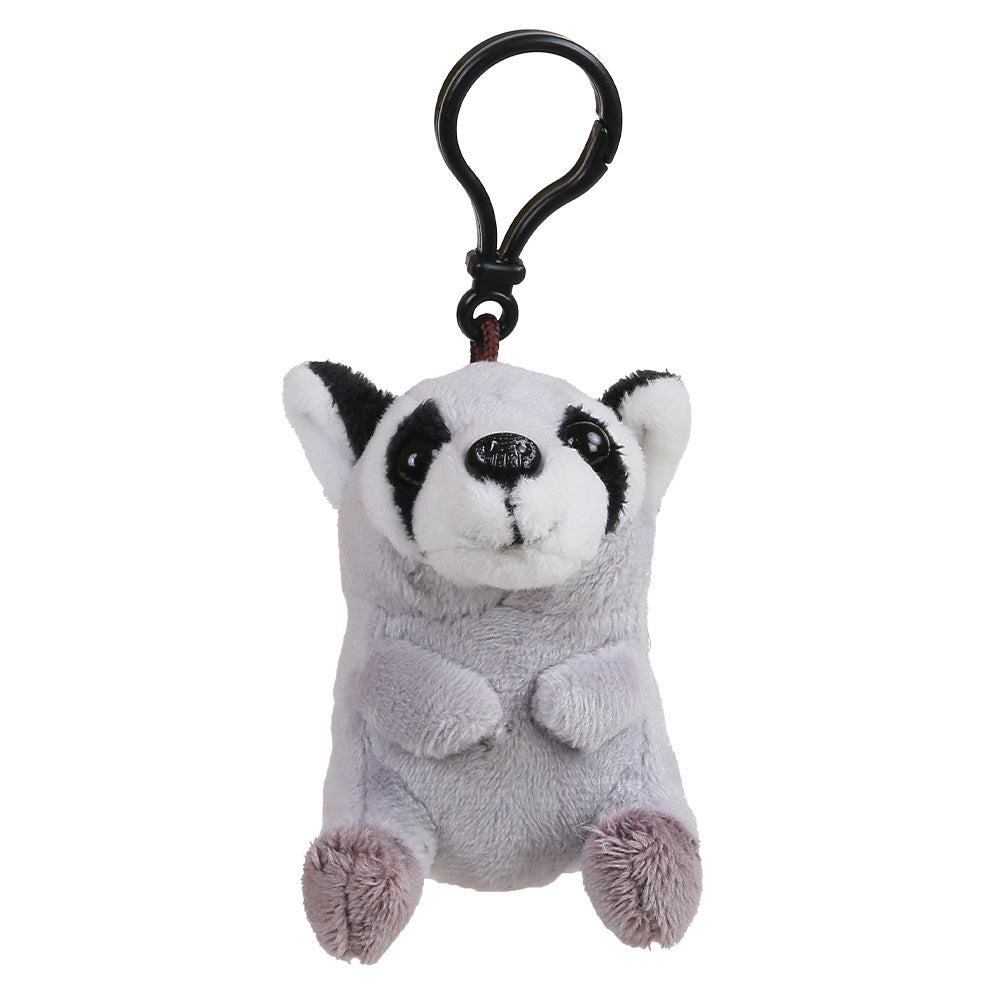 A small plush raccoon keychain with a black metal carabiner clip, featuring a white and gray body with black facial markings and pinkish-gray paws, shown on a plain white background.