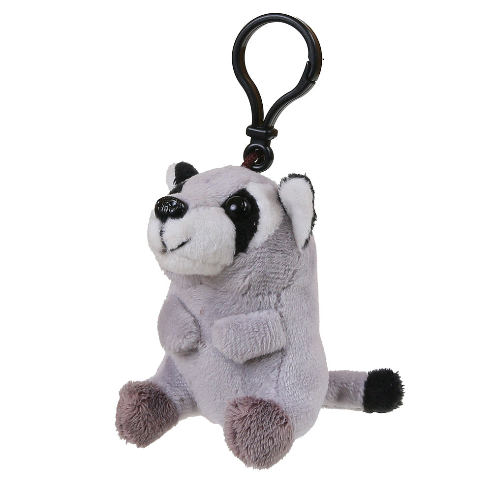 A plush raccoon keychain with a black metal carabiner clip, featuring gray and white fur with black accents on the face, ears, and tail tip.