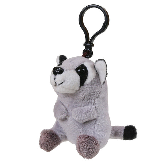 A plush raccoon keychain with a black metal carabiner clip, featuring gray and white fur with black accents on the face, ears, and tail tip.