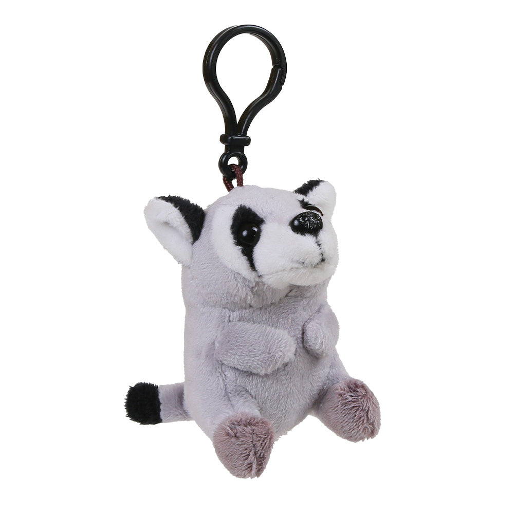 A small plush raccoon keychain with a black metal carabiner clip, featuring a white and gray body with black facial markings and a black-and-white striped tail, shown on a plain white background.