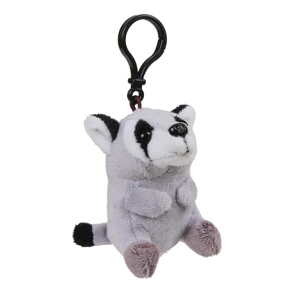 A small plush raccoon keychain with a black metal carabiner clip, featuring a white and gray body with black facial markings and a black-and-white striped tail, shown on a plain white background.