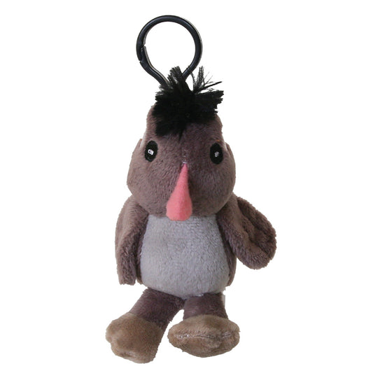A small plush bird character keychain or bag charm with a black plastic ring at the top. The bird has a brown body, a light gray belly, a pink beak, and black fluffy hair on its head, shown against a plain white background.