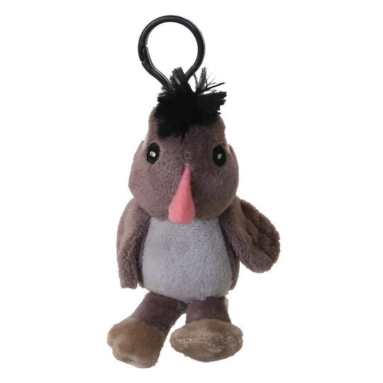 A small plush bird character keychain or bag charm with a black plastic ring at the top. The bird has a brown body, a light gray belly, a pink beak, and black fluffy hair on its head, shown against a plain white background.