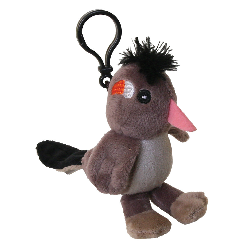 A small plush bird keychain with a black metal clip. The bird is brown and gray with a pink beak, black spiky hair, and a black tail, shown on a plain white background.