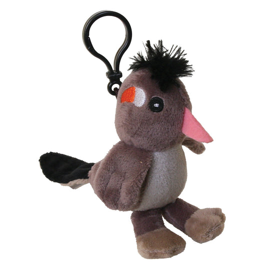 A small plush bird keychain with a black metal clip. The bird is brown and gray with a pink beak, black spiky hair, and a black tail, shown on a plain white background.