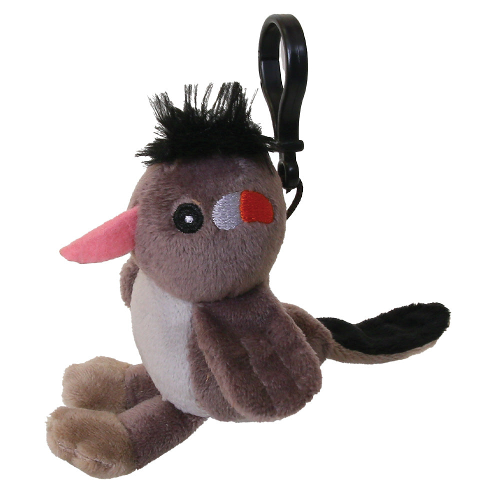 A plush toy bird keychain with a black plastic clip. The bird has brown and white fur, a pink beak, a red cheek patch, and a black spiky crest on its head.