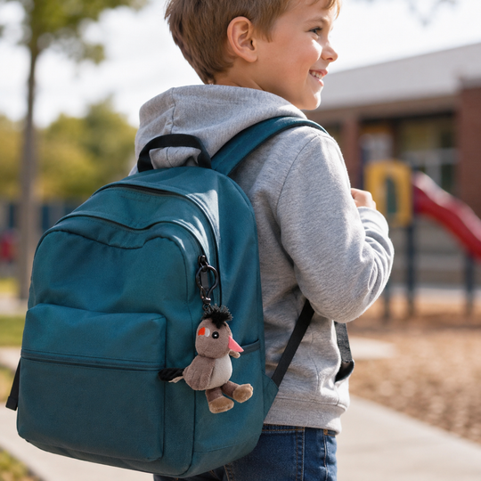 A child wearing a gray hoodie and blue jeans carries a teal backpack with a small plush duck keychain hanging from the zipper, photographed outdoors near a blurred playground and school building.