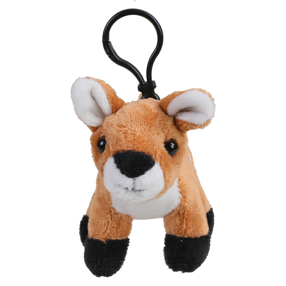 A small plush deer keychain with a black plastic clip, featuring light brown fur, white accents on the face and ears, and black hooves, shown against a plain white background.